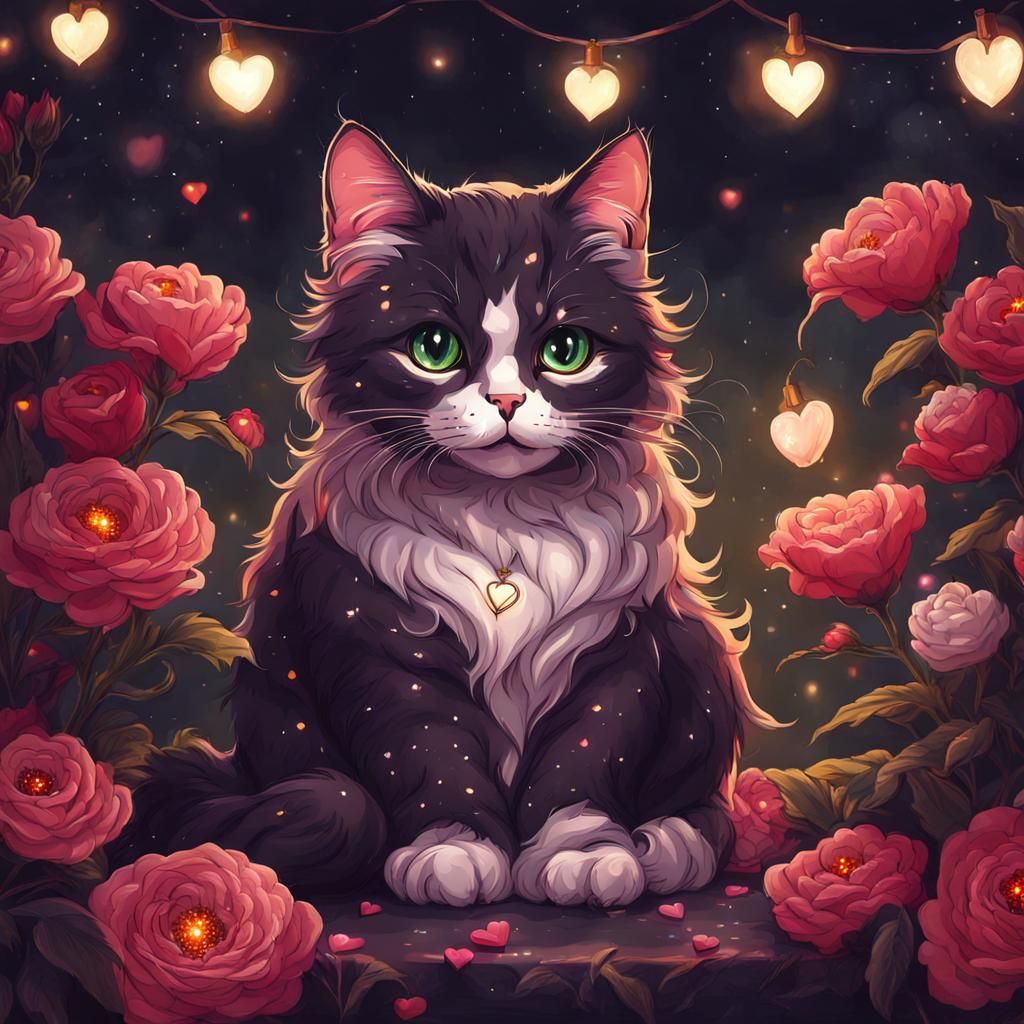 Cat Surrounded by Flowers in Cyberpunk Style