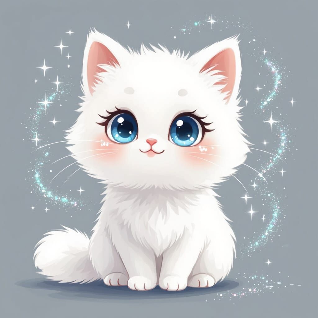 Kawaii Fluffy White Cat with Blue Eyes