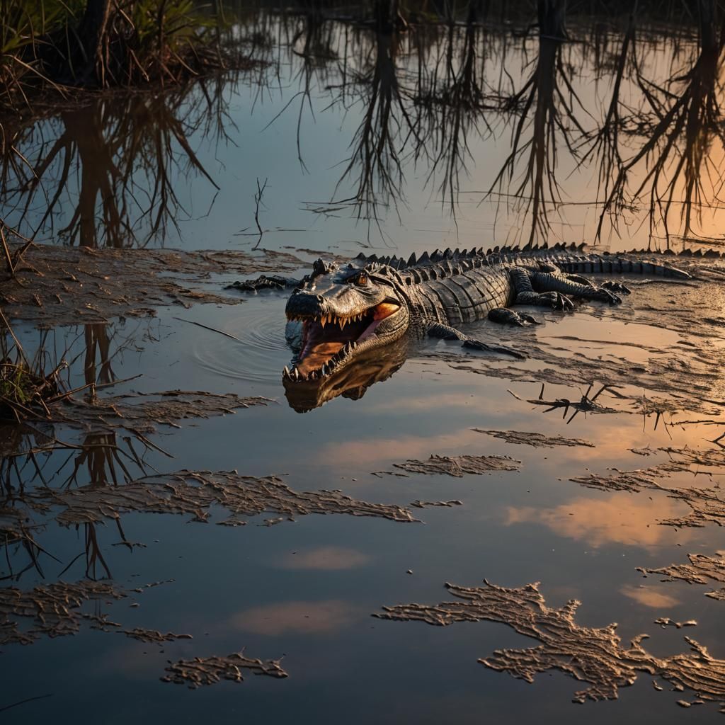 Crocodile Emerges from Murky Lake at Dusk