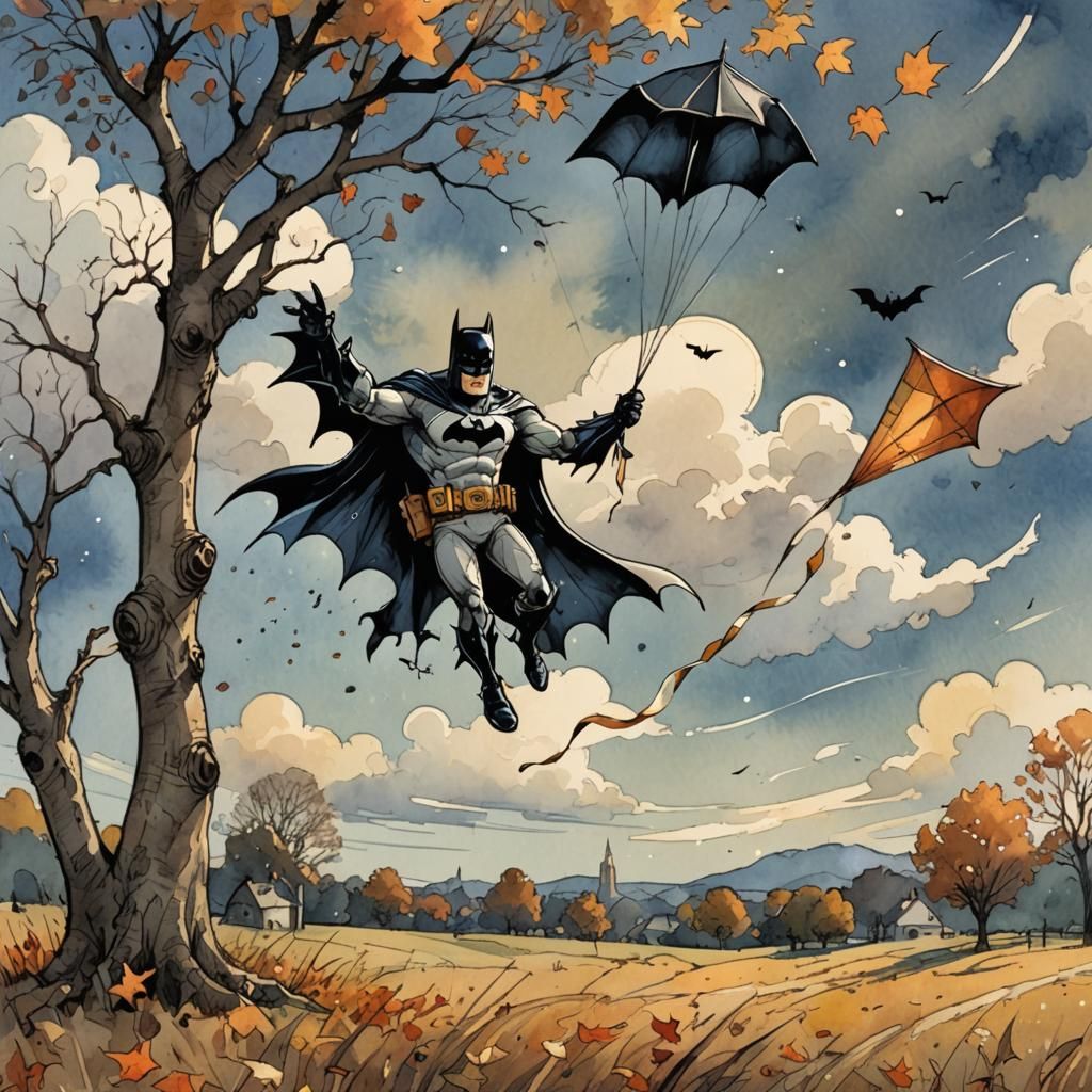 Batman Flies a Kite: Watercolor Storybook Scene