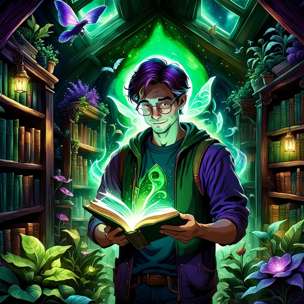 Magical Glowing Book in Enchanted Library, Fantasy Art