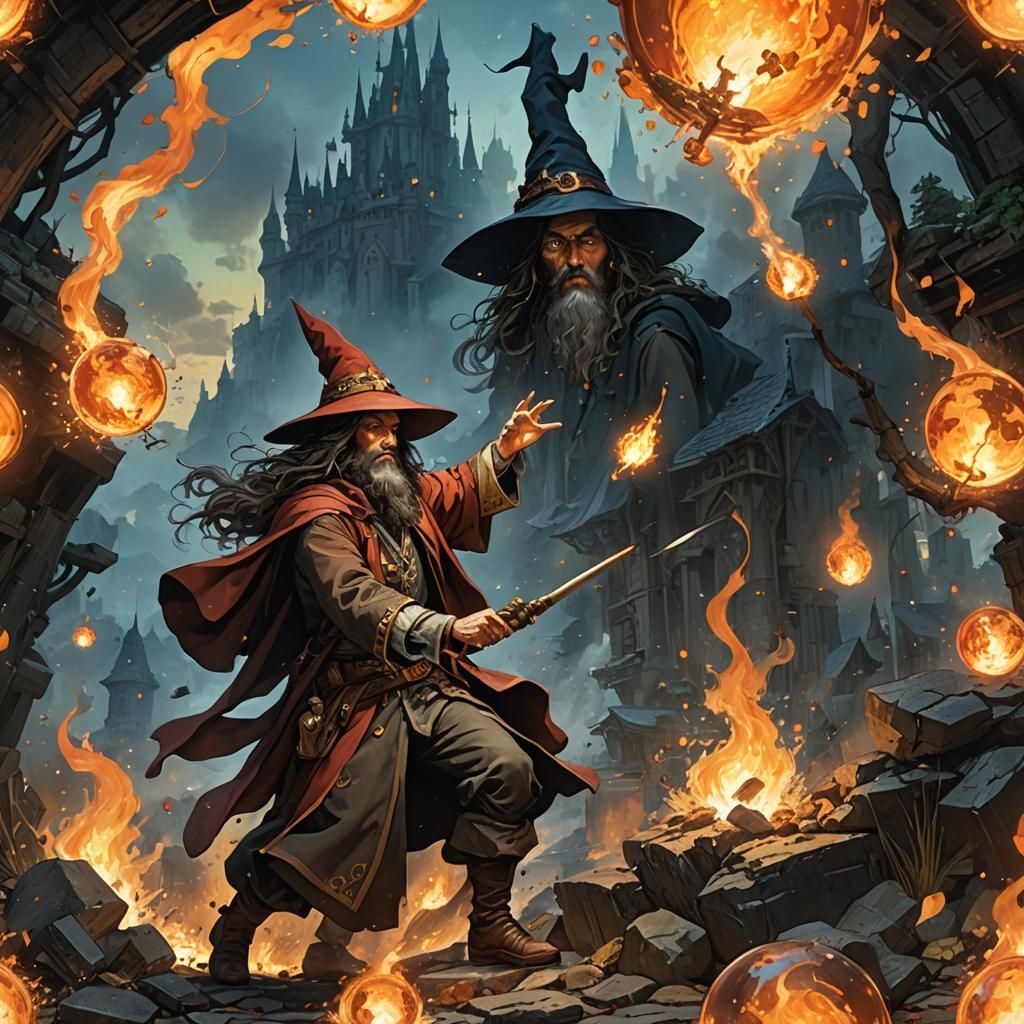 Wizard Launches Fireball at Dawn: Hyperdetailed Digital Art