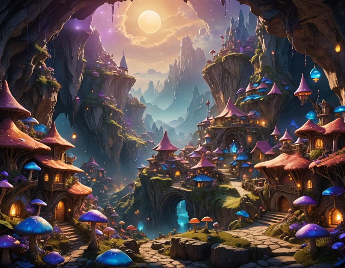 Fae Village in Cave: Fantasy Matte Painting