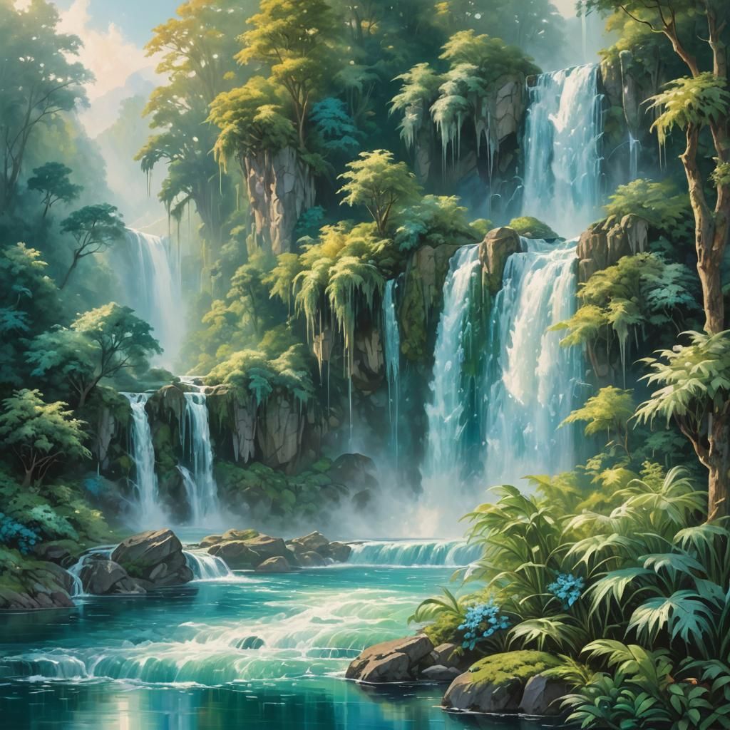Crystal Waterfall in Dreamlike Elysian Landscape