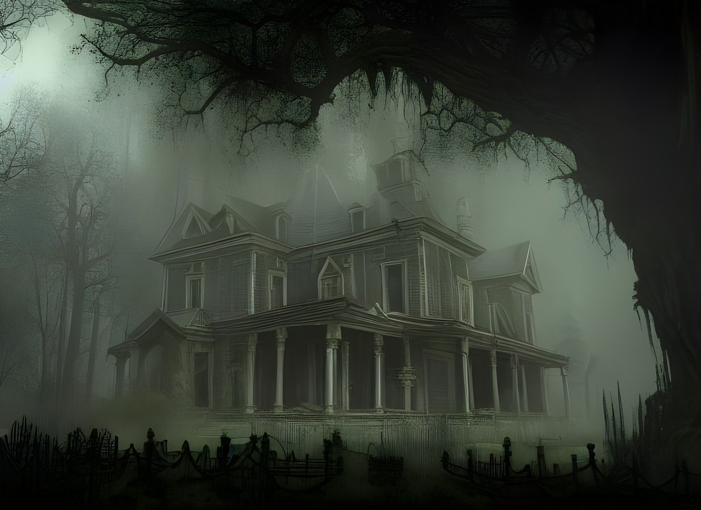 Eerie Haunted Mansion in Hyperrealistic Dark Landscape