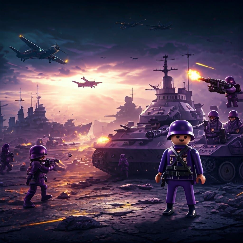 Playmobil War Scene in Dramatic Dark Fantasy Style