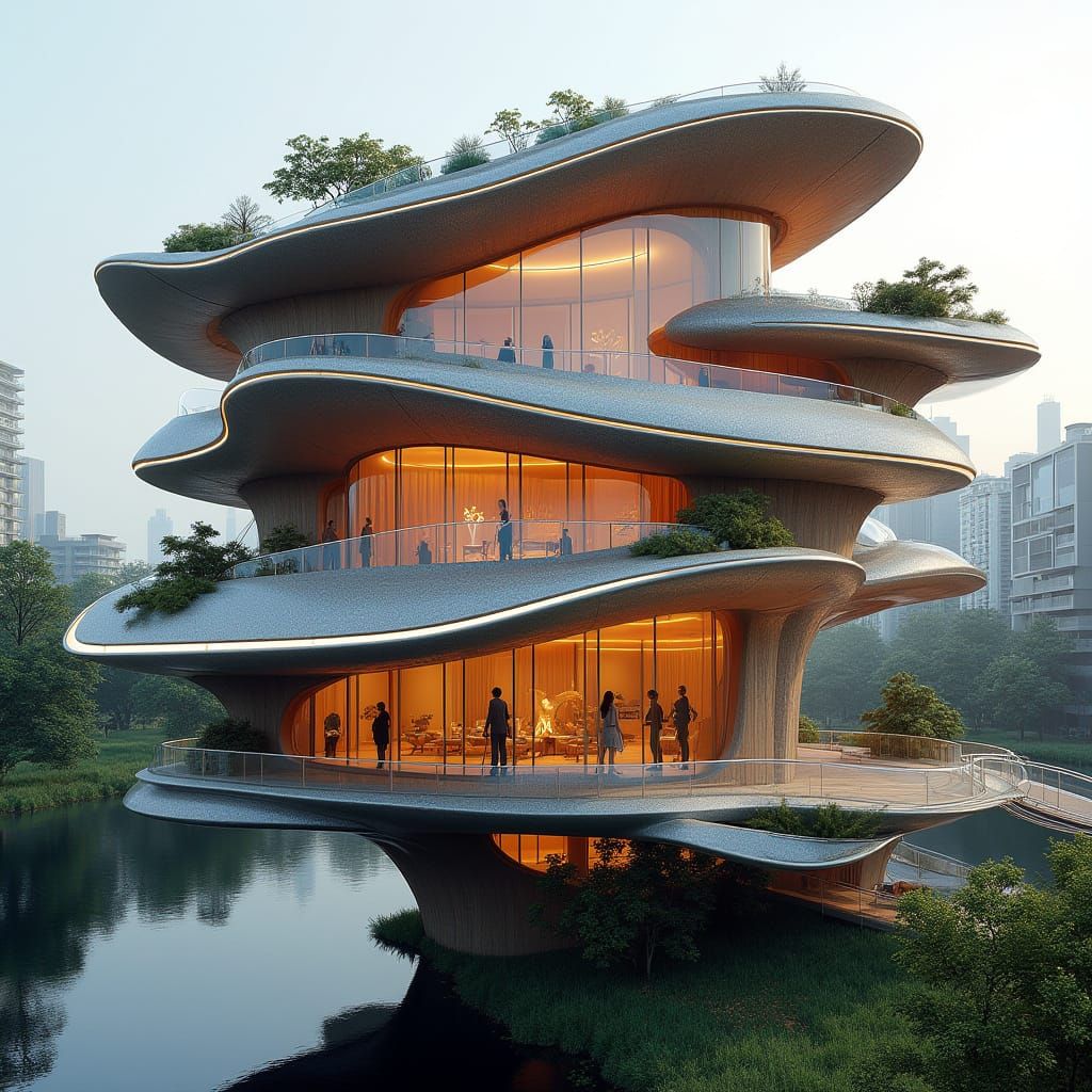 Organic Flower-Shaped Futuristic Building in Laminated Timbe...