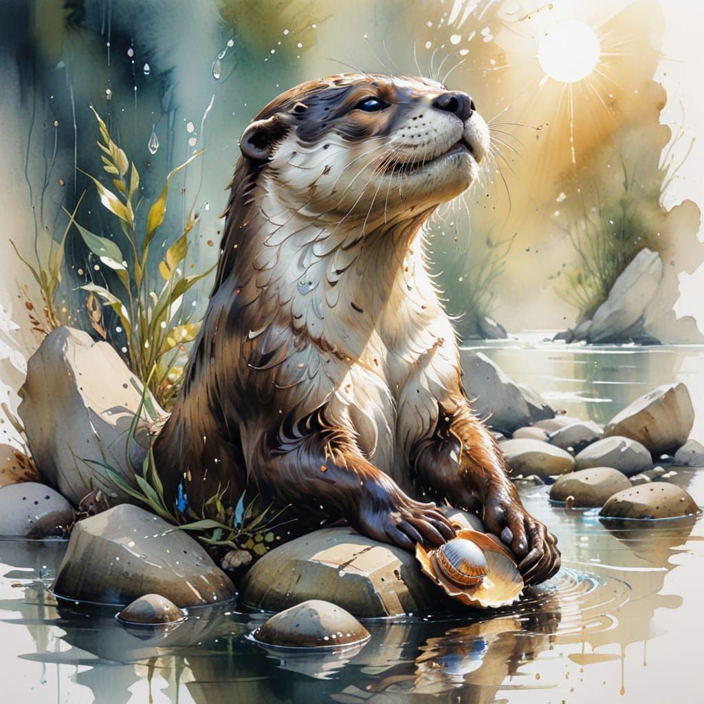 Otter Basking on Rocks in Watercolour Style