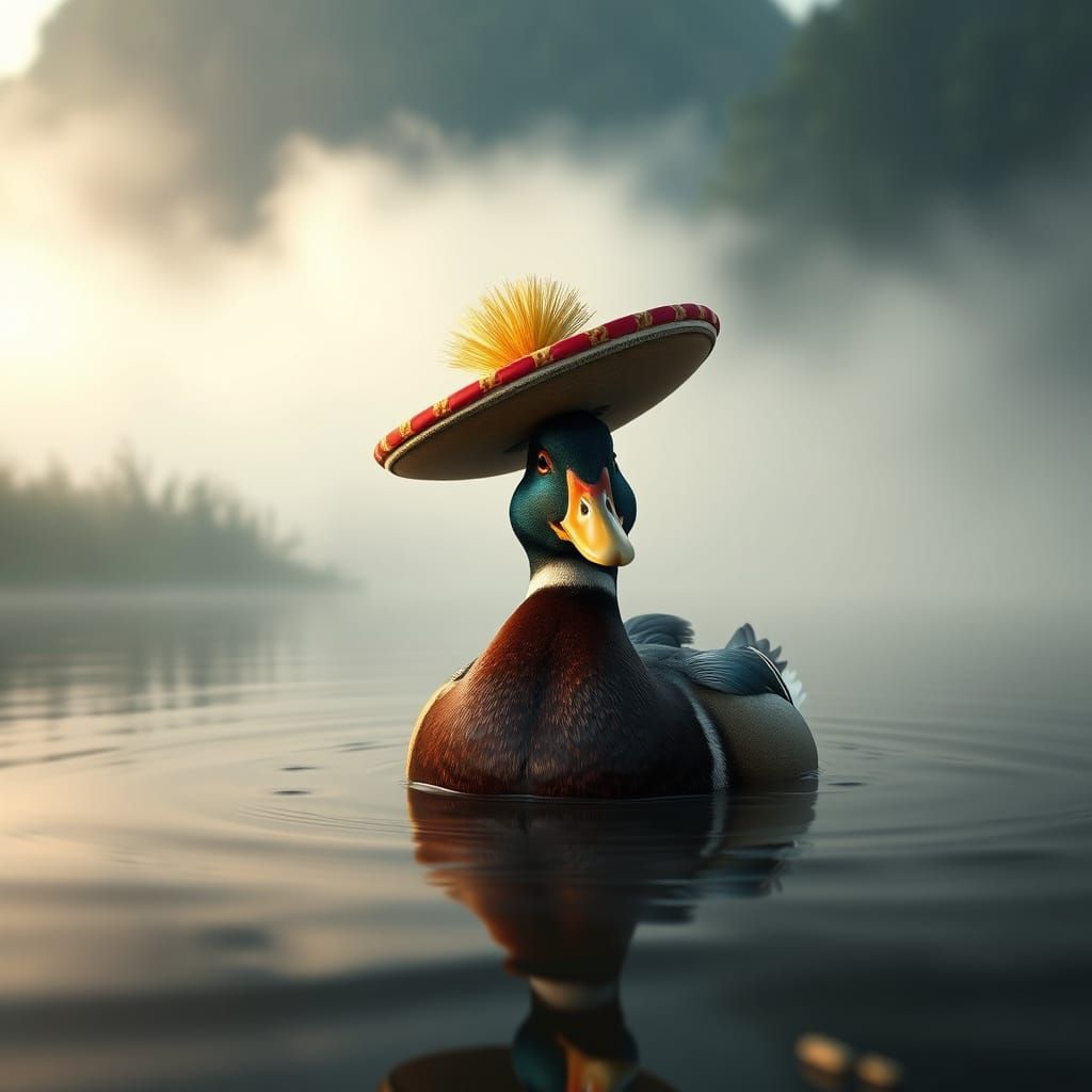 Duck in Sombrero on Foggy Pond: Digital Matte Painting