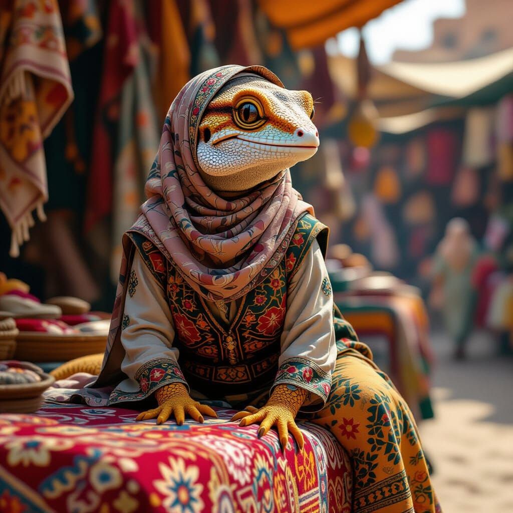 Gecko in Hijab on Market Textile, Concept Art