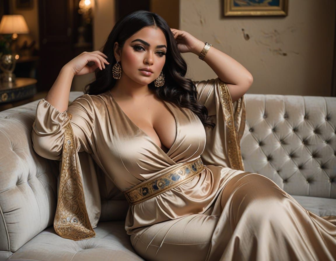 Egyptian Goddess in Silk Robes Relaxing on a Plush Couch