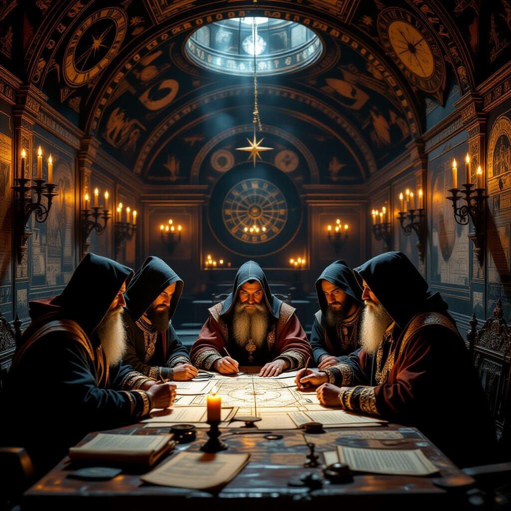 Astrologers Decipher Prophecies in Candlelit Chamber