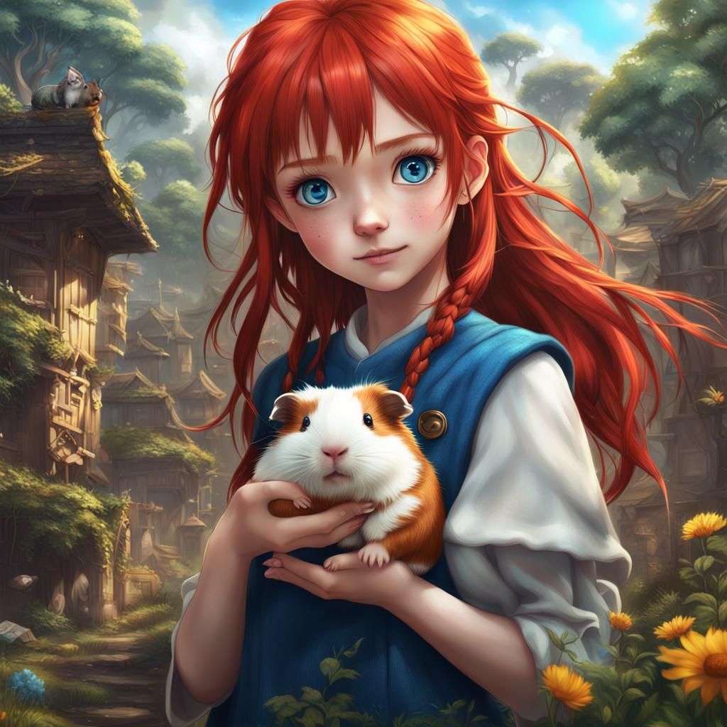 Anime Girl with Guinea Pig: Detailed Matte Painting