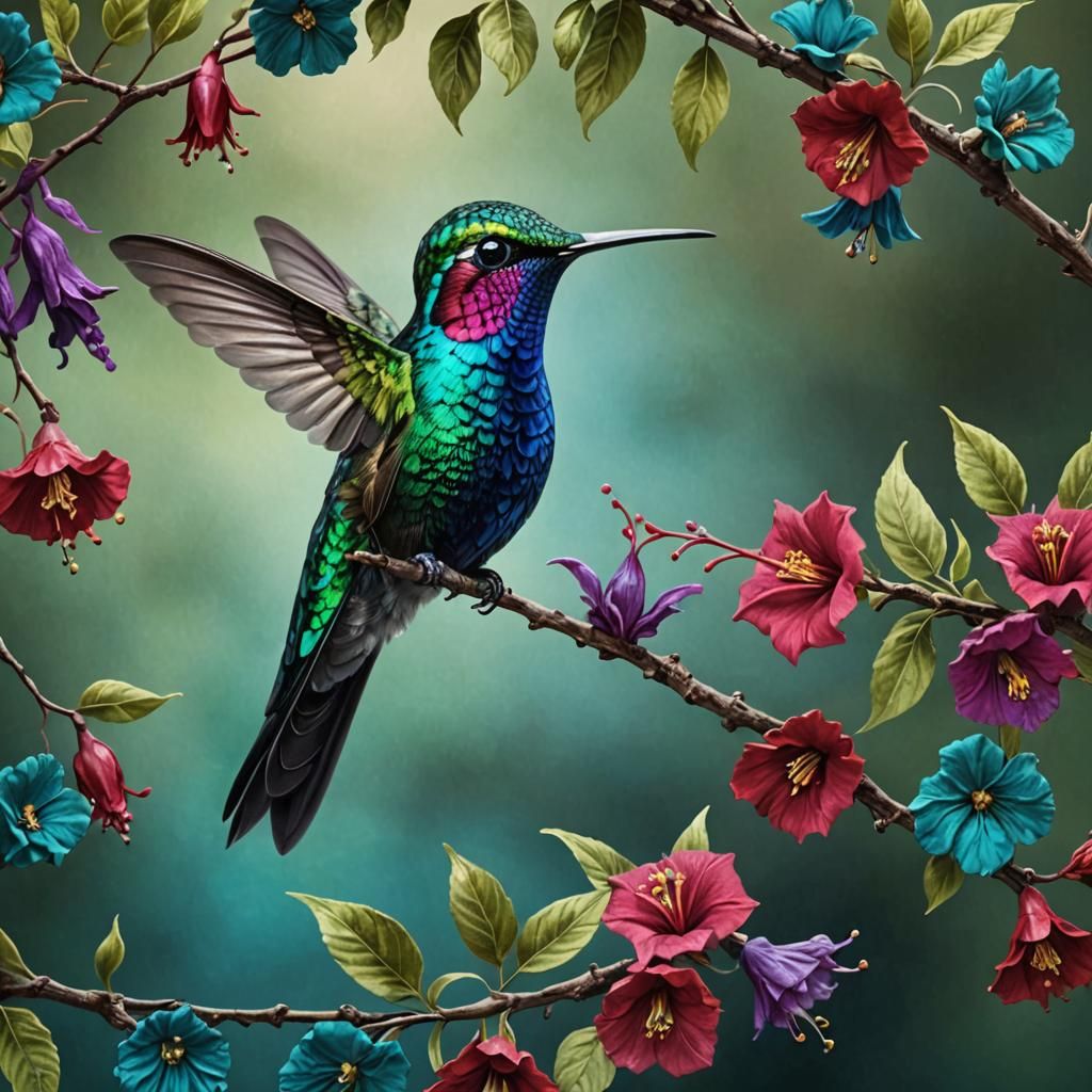 Jewel-Toned Hummingbird on Branch in Photorealistic Style