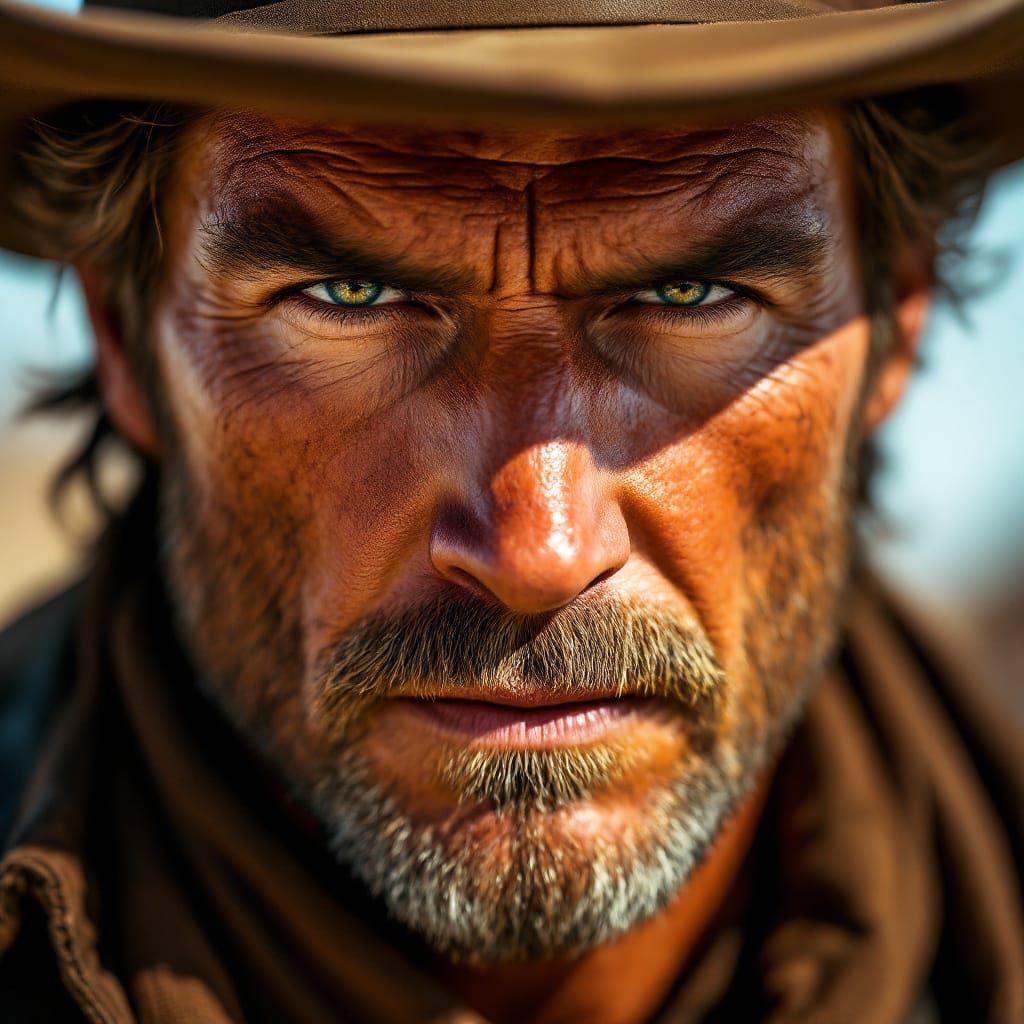 Intense Cowboy Close-Up in Spaghetti Western Style