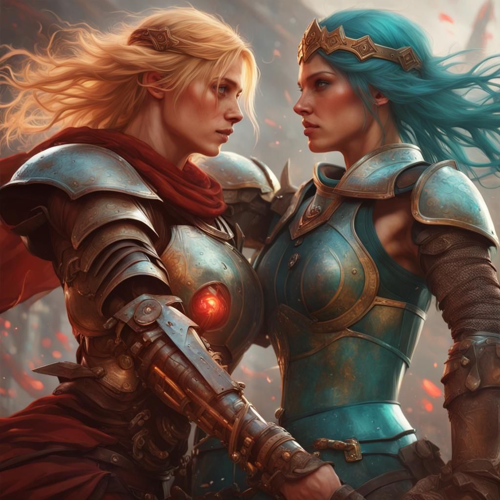 Armored Women Clash in Dynamic Digital Art