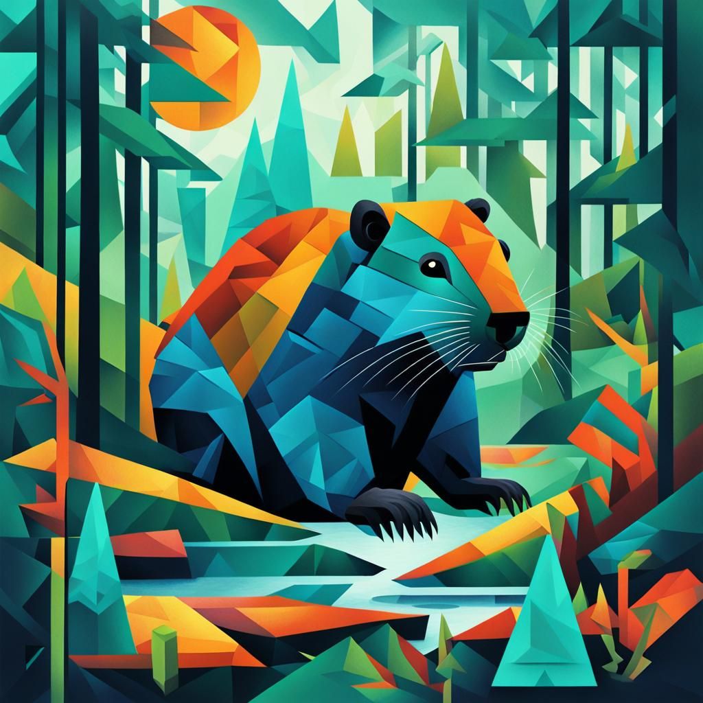 Geometric Beaver in Cubist Art Deco Style