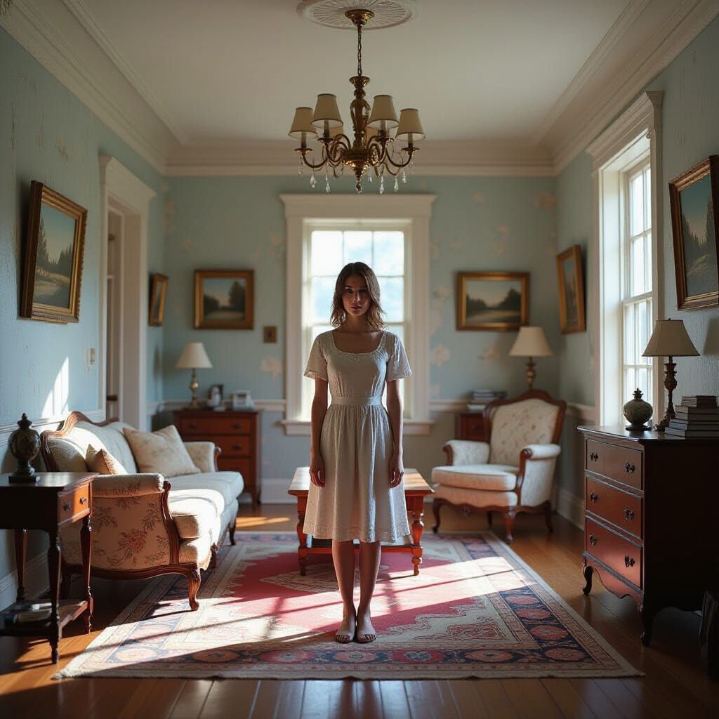 Woman in Tilted Room with Skewed Perspective