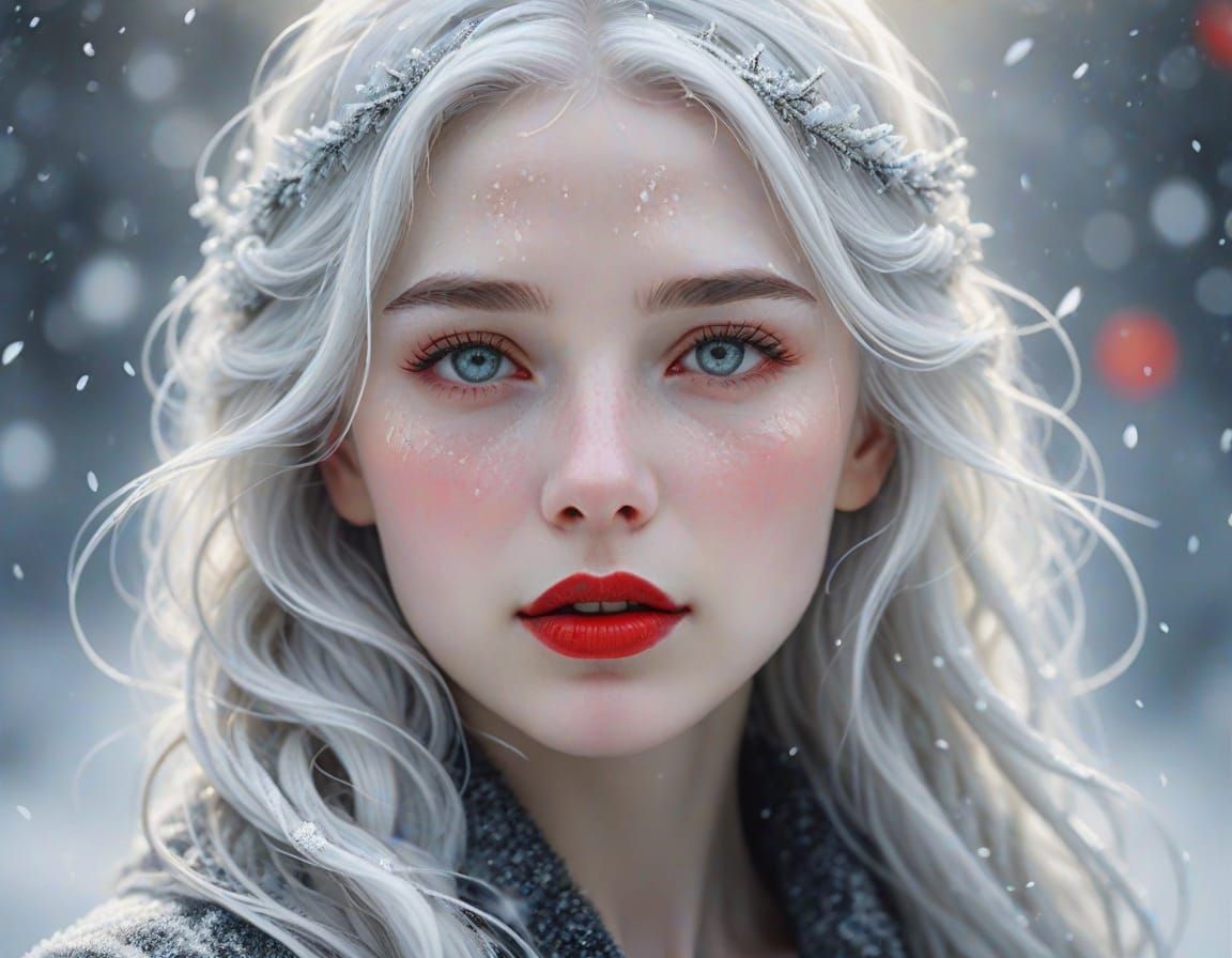 Ethereal Woman with Frost-Kissed Hair in Winter Storm