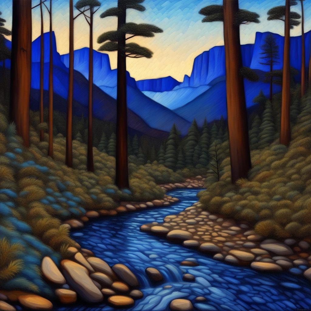 Blue Mountains, Pine Forest, Dark Blue Twilight,  Deep Brown Stony Trail Through Trees, Babbling Brook, 3d texture oil p...
