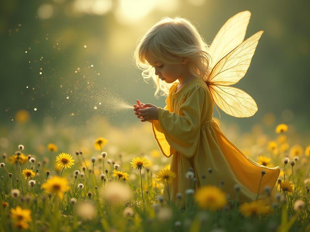 Child Fairy Hovering Above Dandelions in Dreamy Style