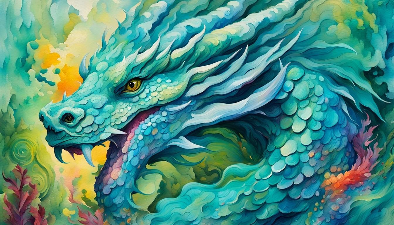 Turquoise Dragon in Vibrant Gouache Watercolor