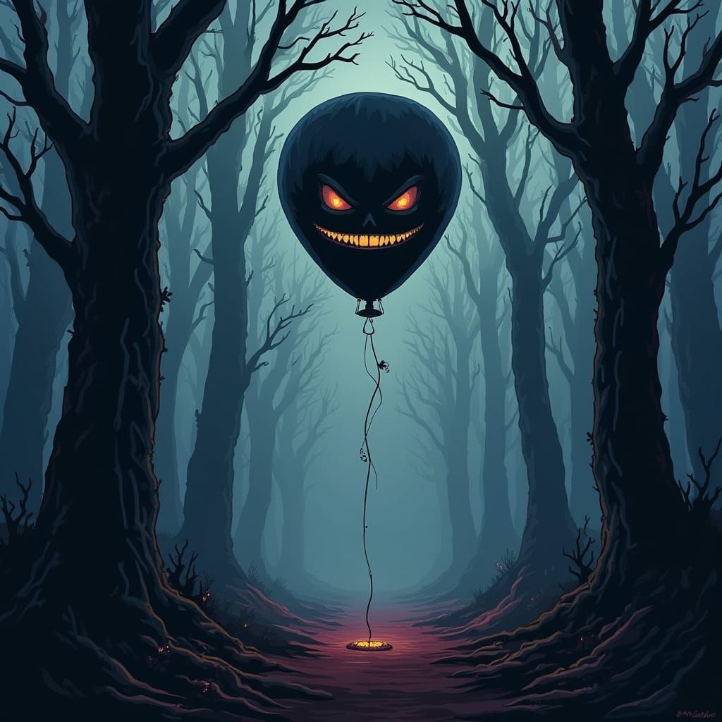 Haunted Forest at Twilight with Sinister Balloon
