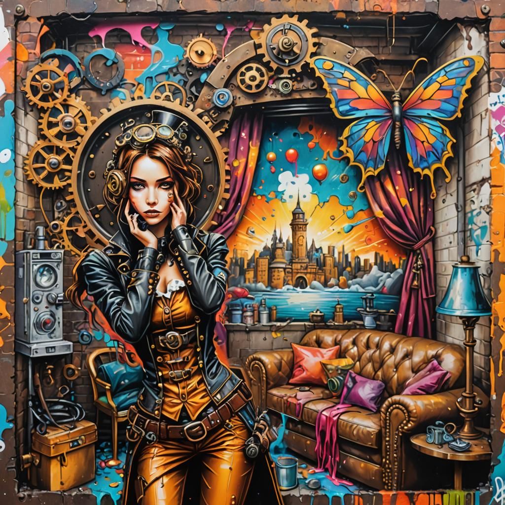 Steampunk Graffiti Art: Ultra Detailed Femme Portrait