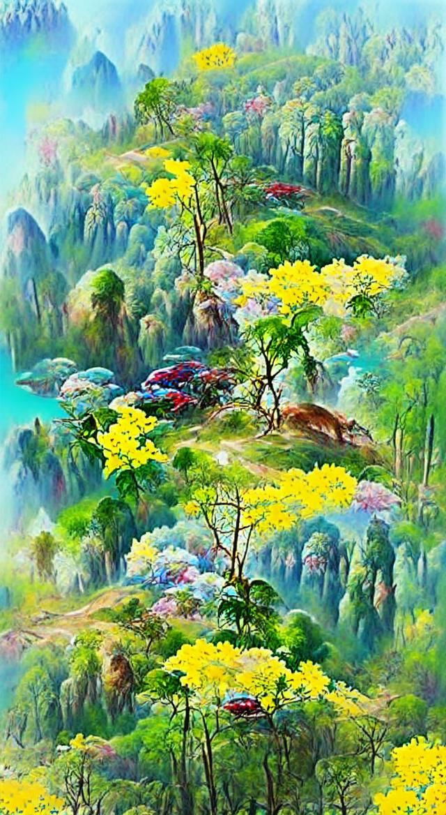 Lush Forest Landscape Painting with Flowering Trees
