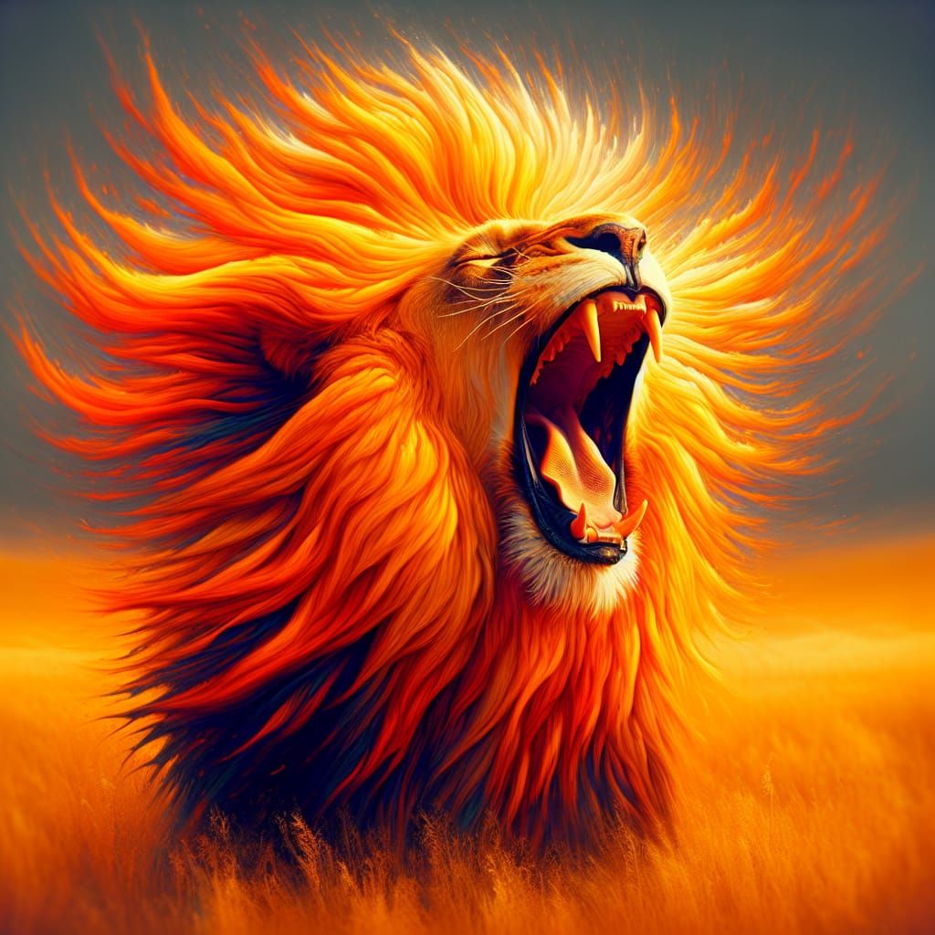 Majestic Orange Lion Roaring in Savanna Landscape