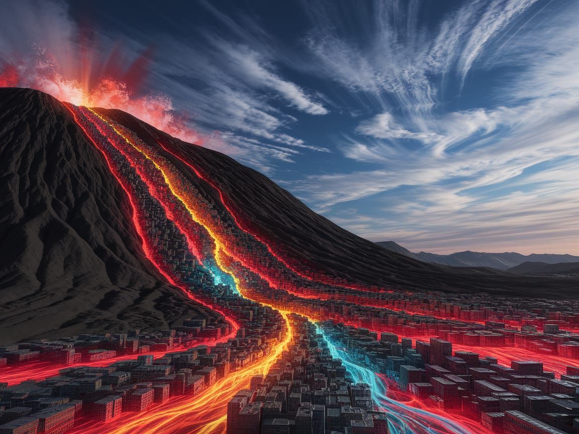 Melting City Lava Flow: Surreal Oil Painting