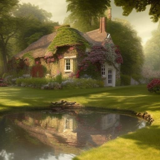 Victorian Cottage in English Garden: Fantasy Art