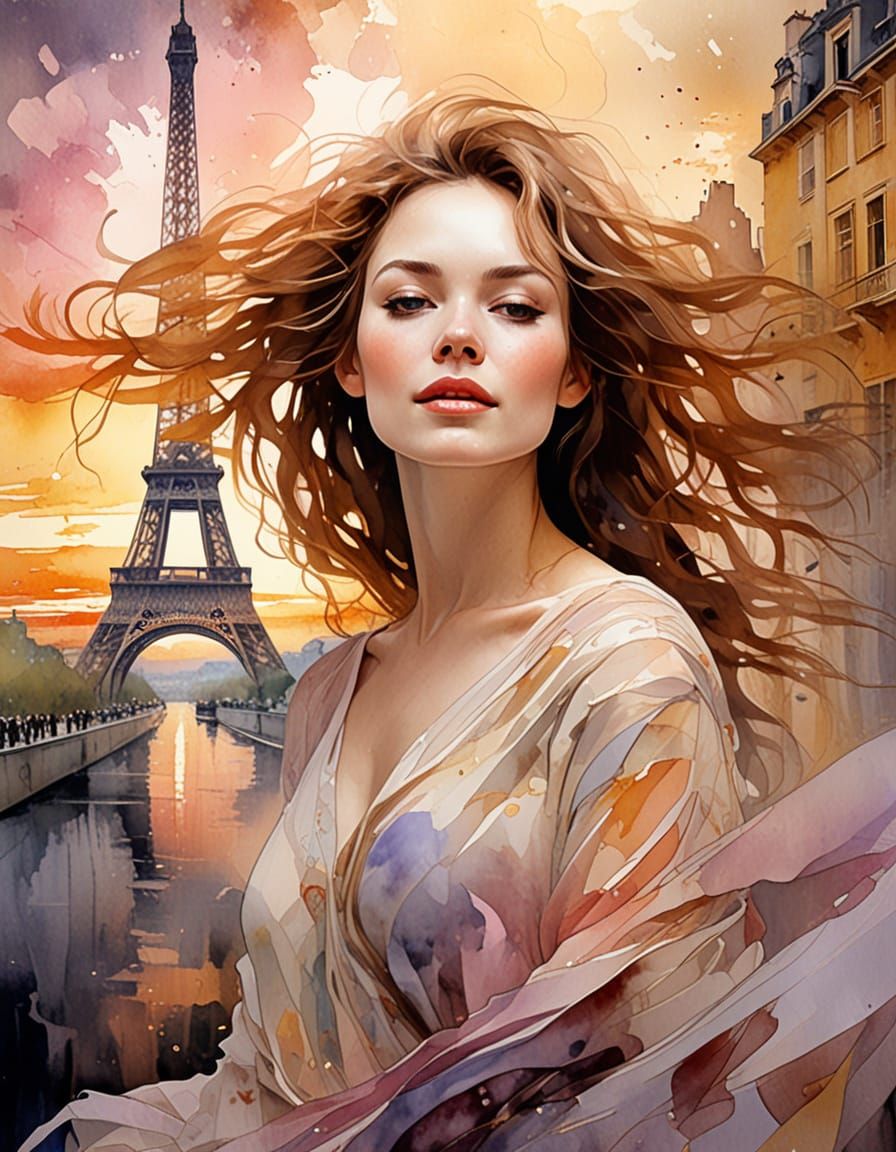 Dreamy Portrait of a Woman Dancing in Parisian Twilight