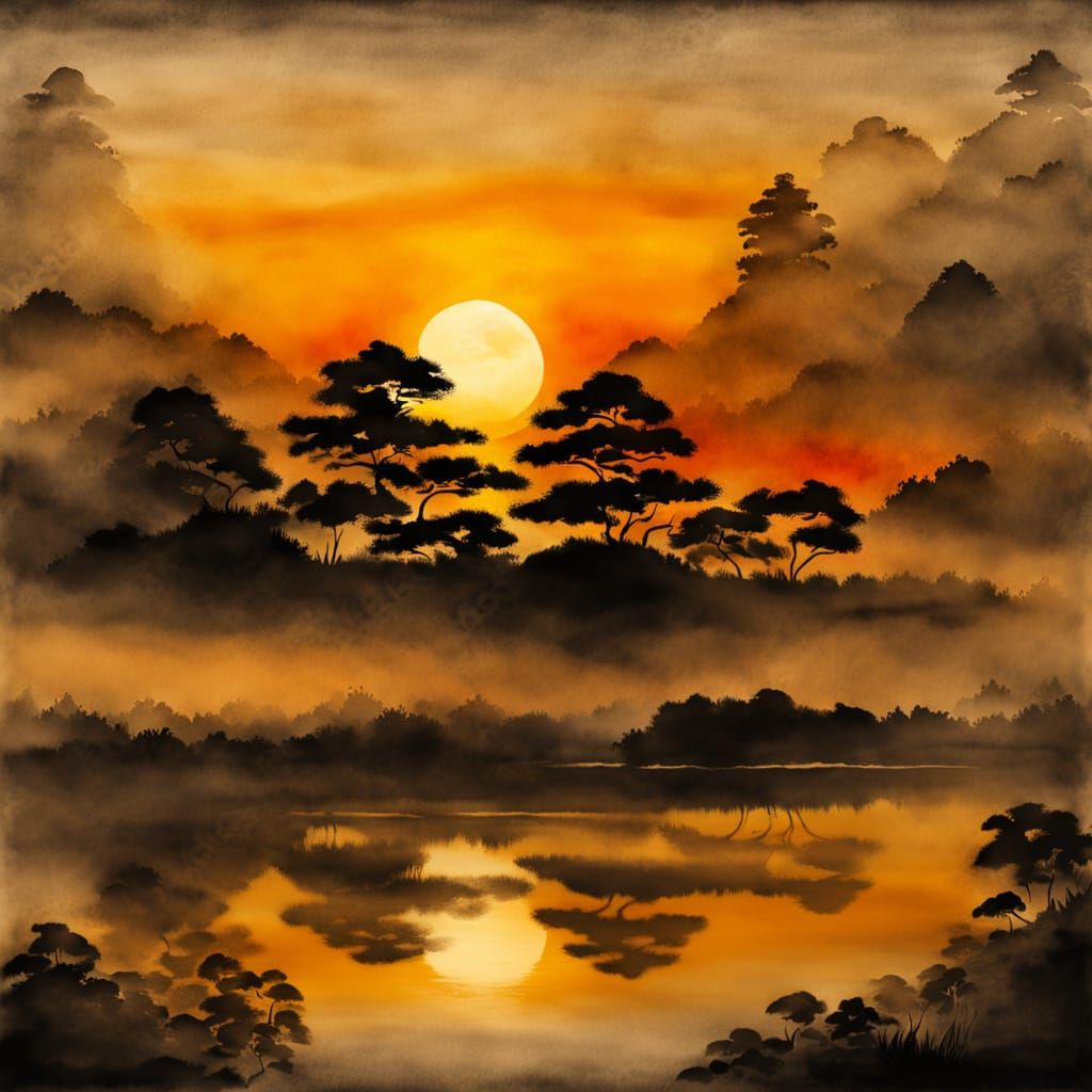 Serene Sunset Over Lake in Sumi-e Style
