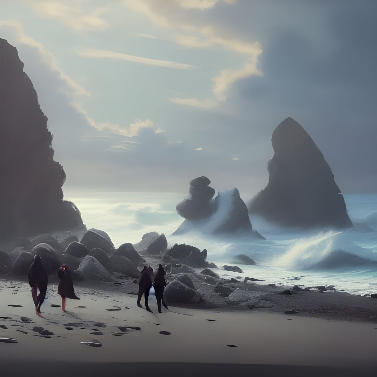Musicians Play on Winter Beach, Hyperdetailed Concept Art