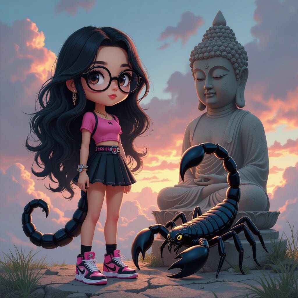 Chibi Woman with Scorpion Statue, Digital Matte Painting