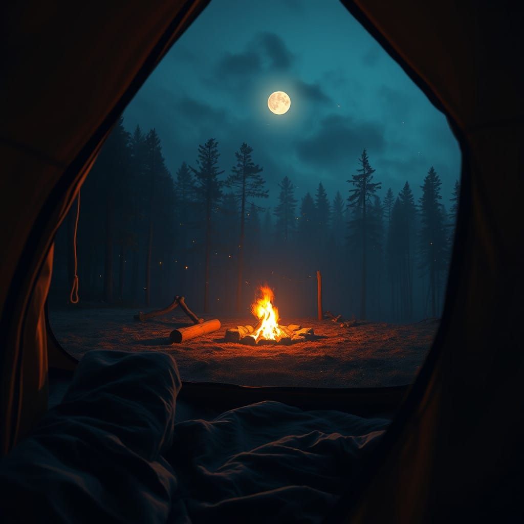 Cinematic Campsite Scene in Moody, Dreamlike Style