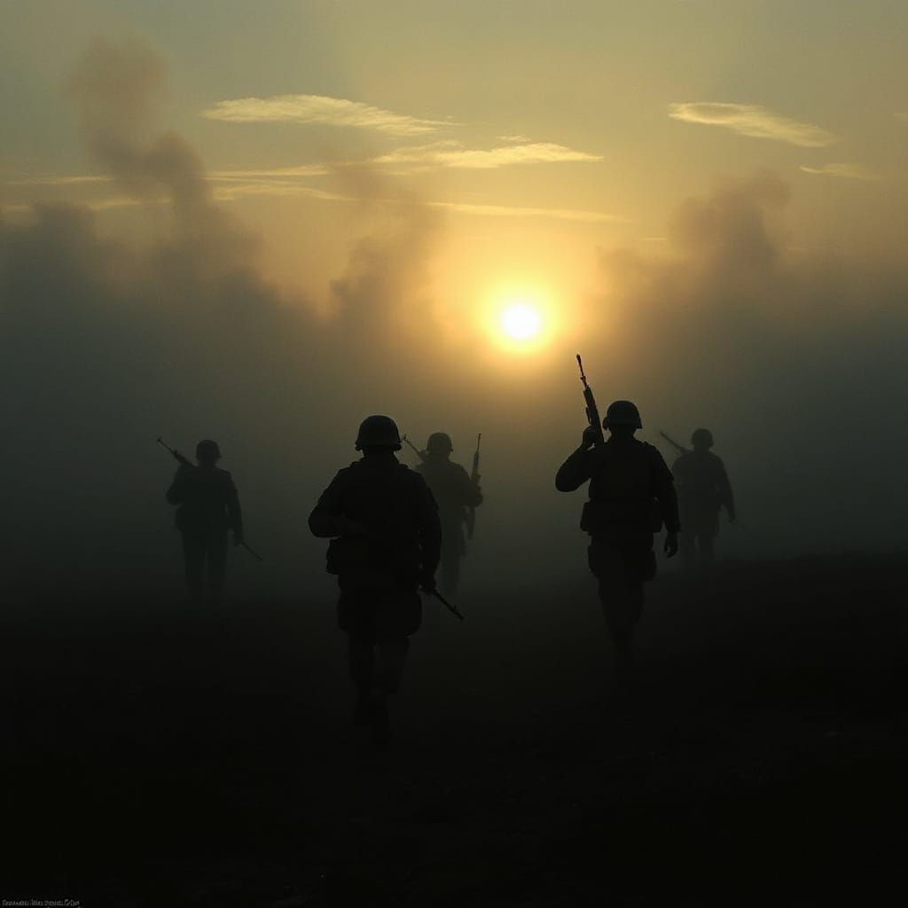 Soldiers Advance Through Fog at Dawn