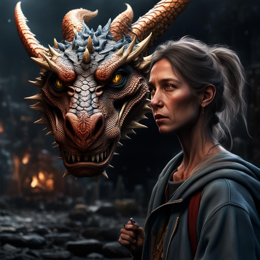 Homeless Woman and Dragon: Hyperrealistic Cinematic Portrait
