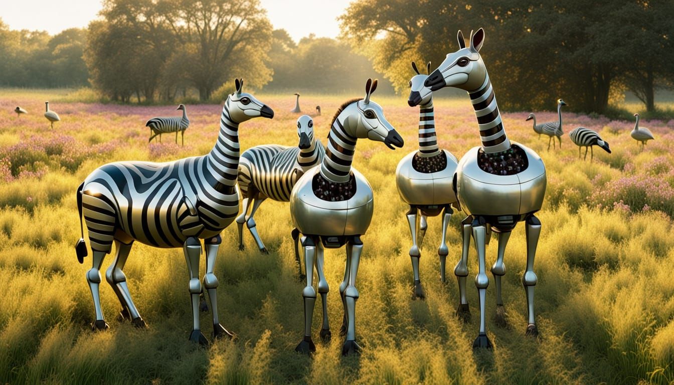 Robot and Geese in Field of Tall Grass and Wildflowers, in a...