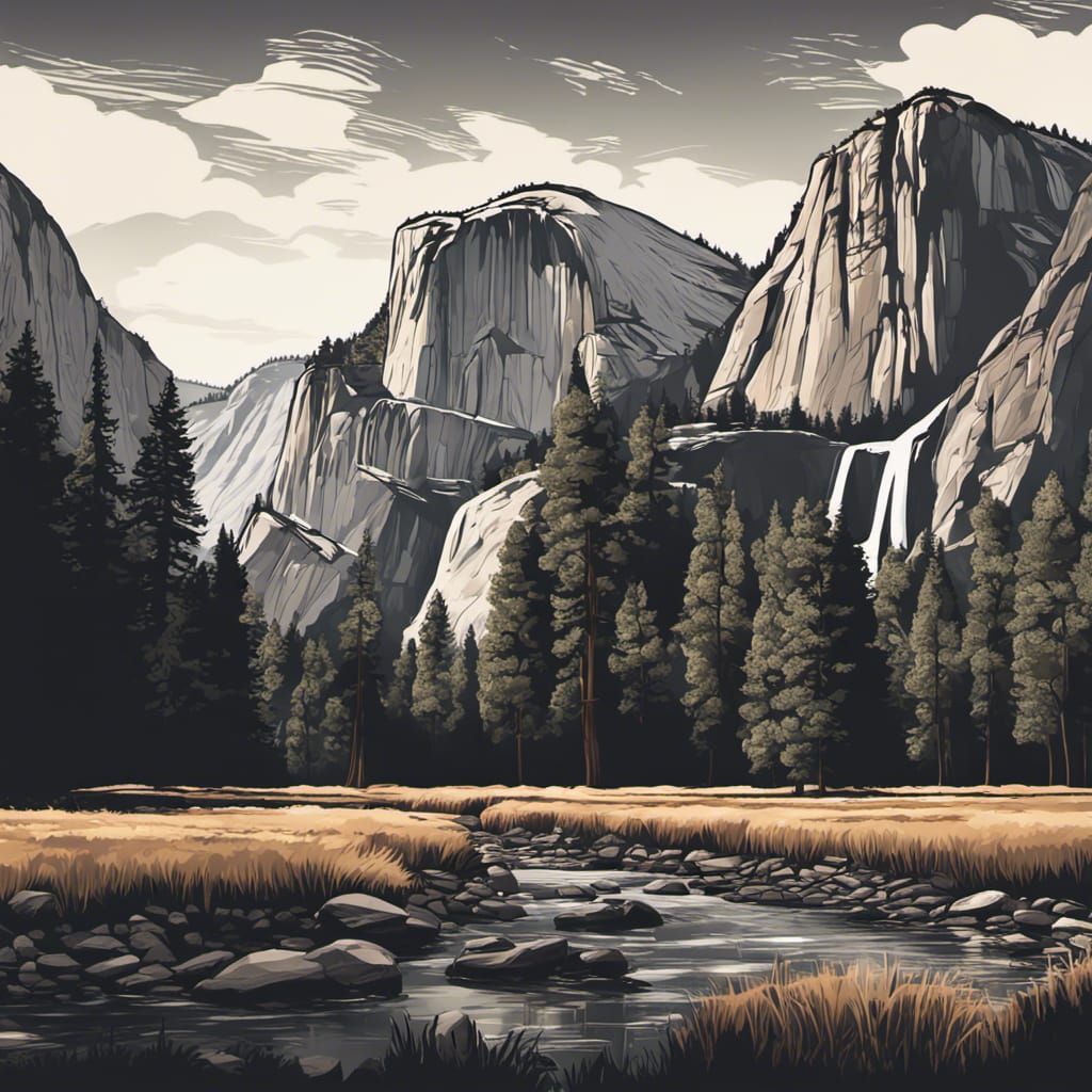 Yosemite Valley Landscape in Vector Art Style