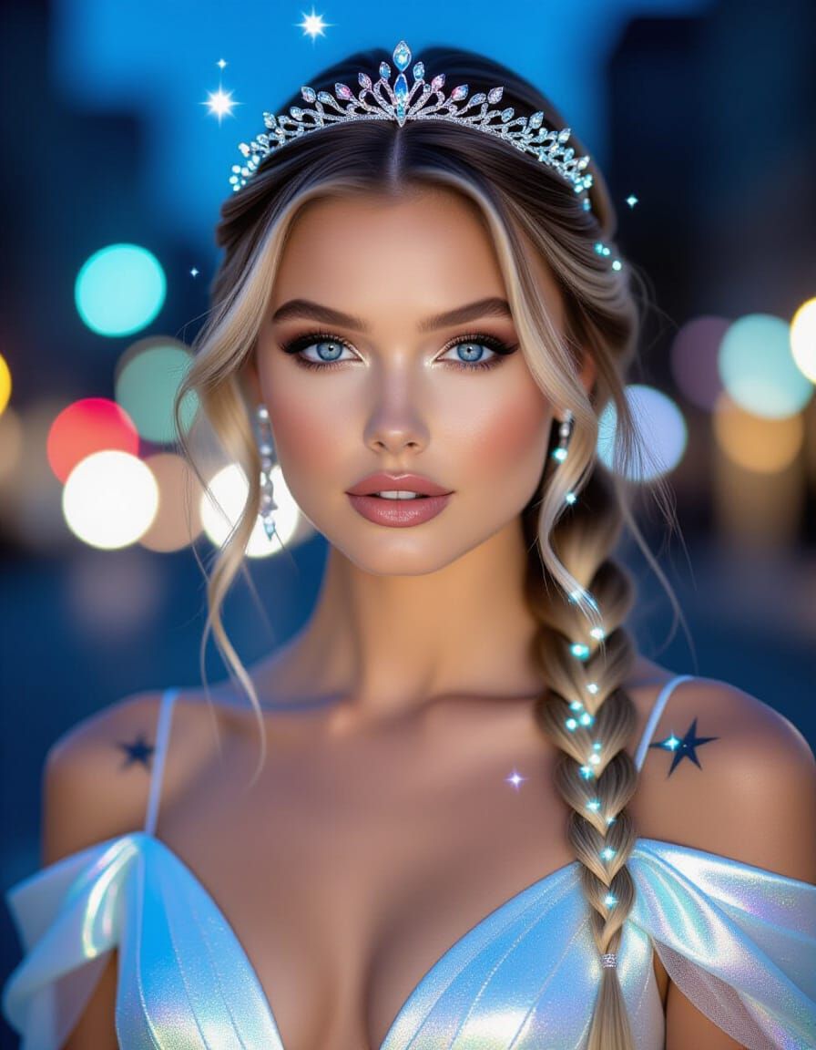 Blonde Woman with Glowing Braid and City Lights