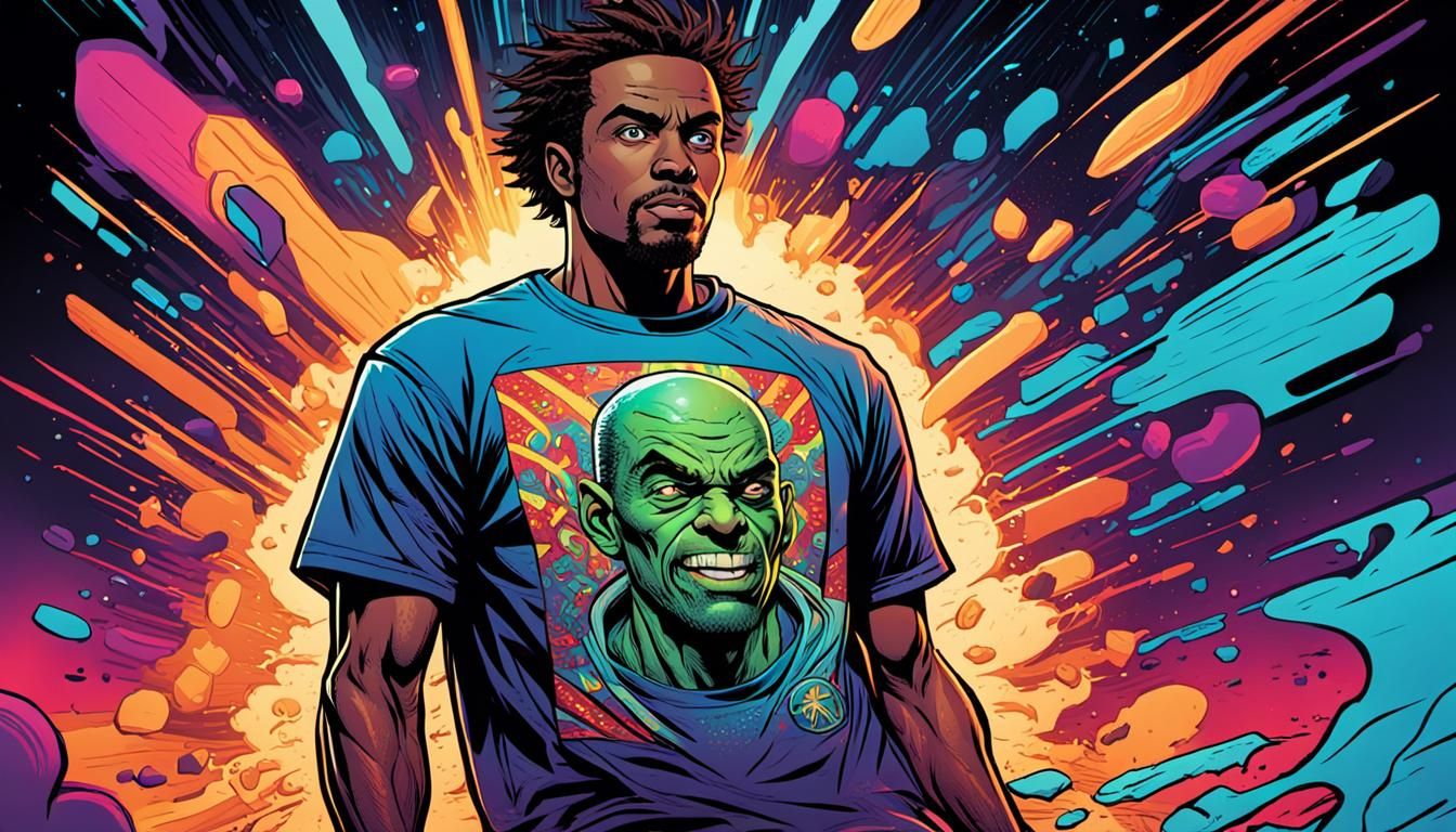 Comic Book Style T-Shirt Logo with Neon Text