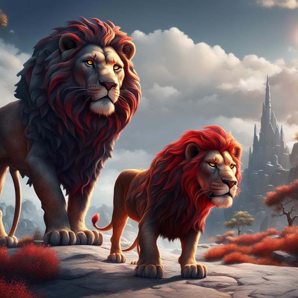 Girl with Red Hair on a Lion