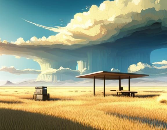 Liminal Rest Stop in Vast Grassland, Digital Art