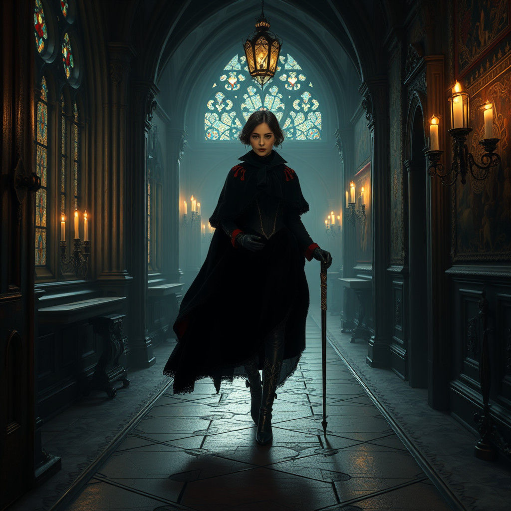 Gothic Couple in Castle Corridor, Victorian-Era Dreamscape