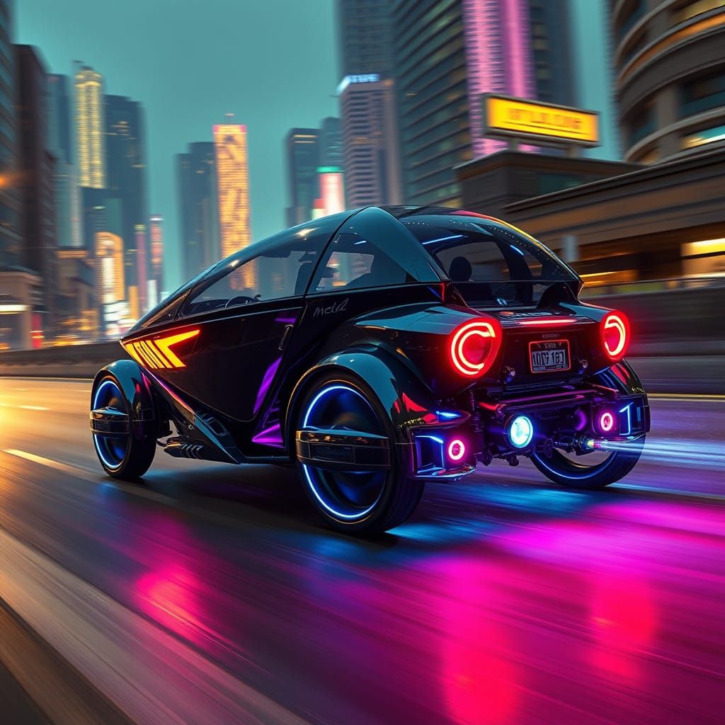 Cyberpunk Marlo Cart Speeds Through Dark City