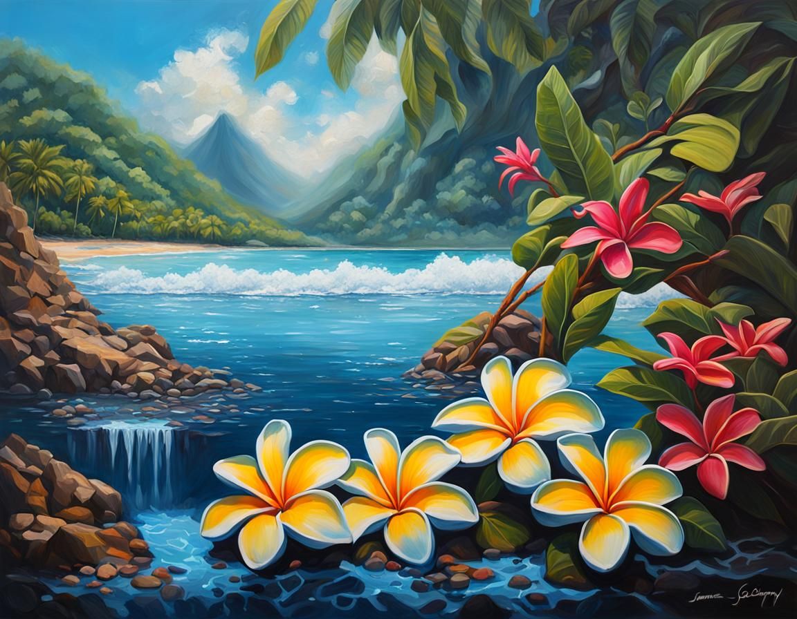 Tropical Beach Graffiti Art with Frangipani