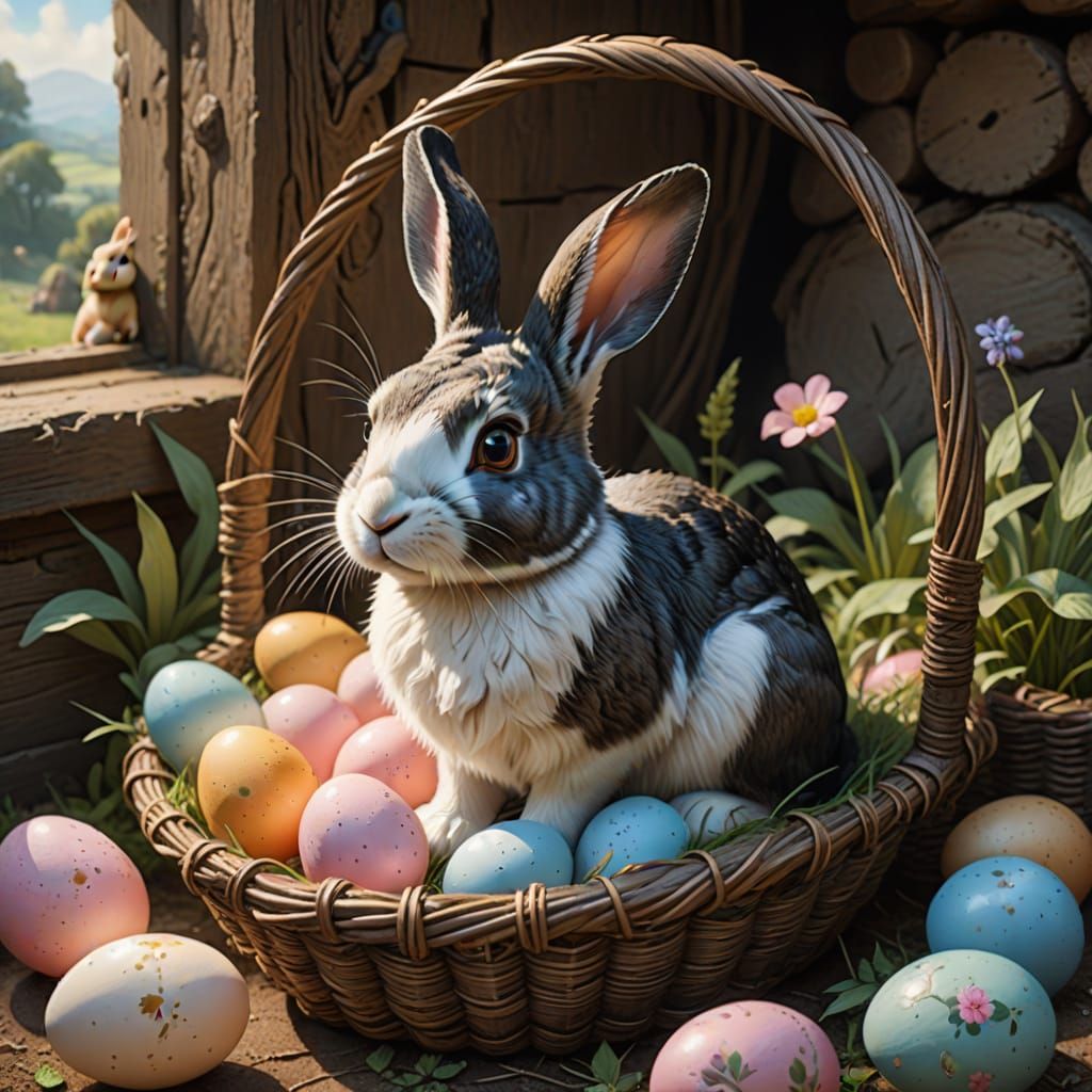 Delicate Watercolor Rabbit Scene with Decorated Eggs and Fri...