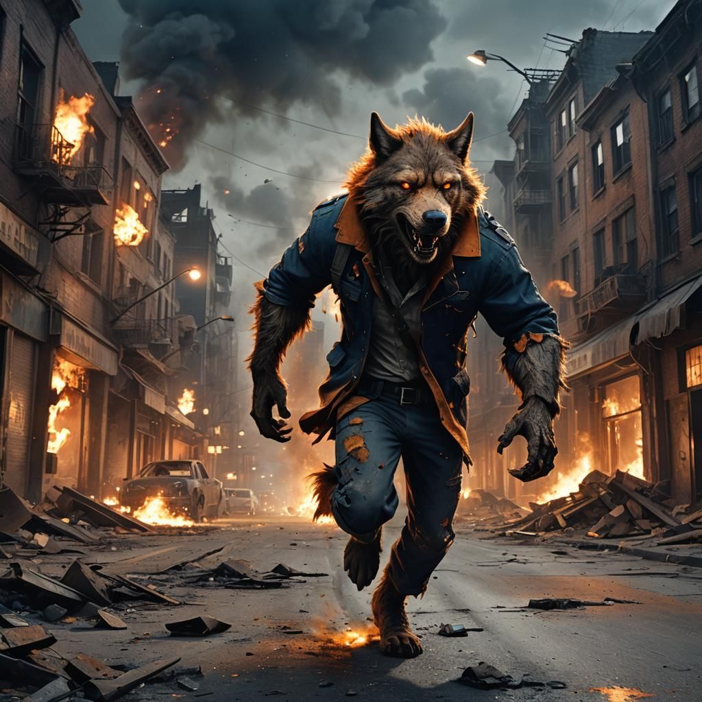 Werewolf Runs Through War-Torn City